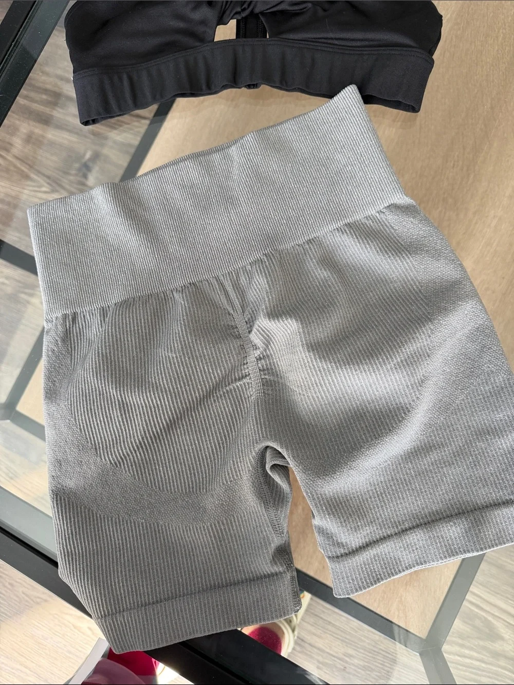 Black Racerback Sports Bra & Light Gray Ribbed Bike Shorts Set
